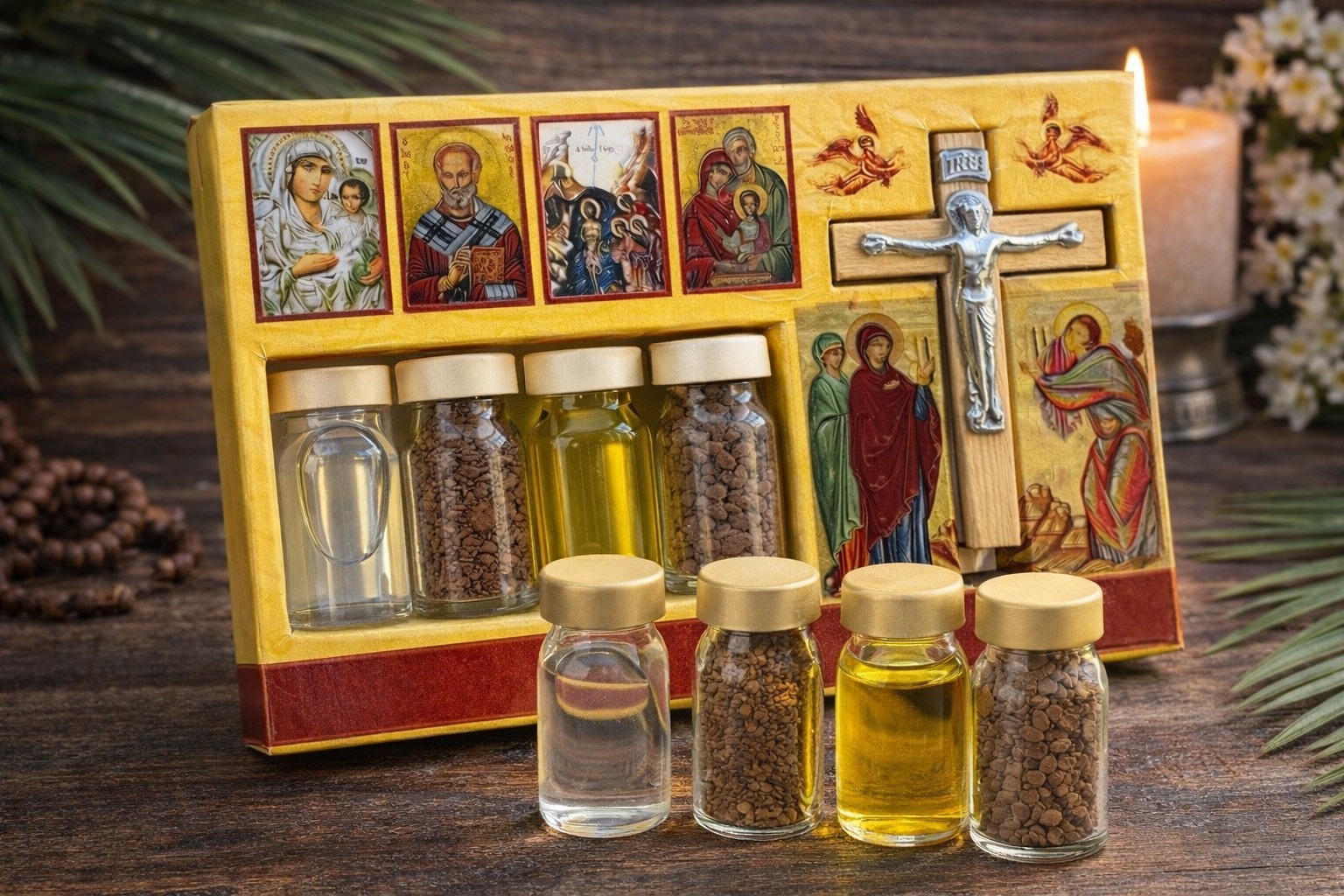 Holy Land Baptism Blessing Set – Jordan River Holy Water, Oil, Earth & Incense with Cross