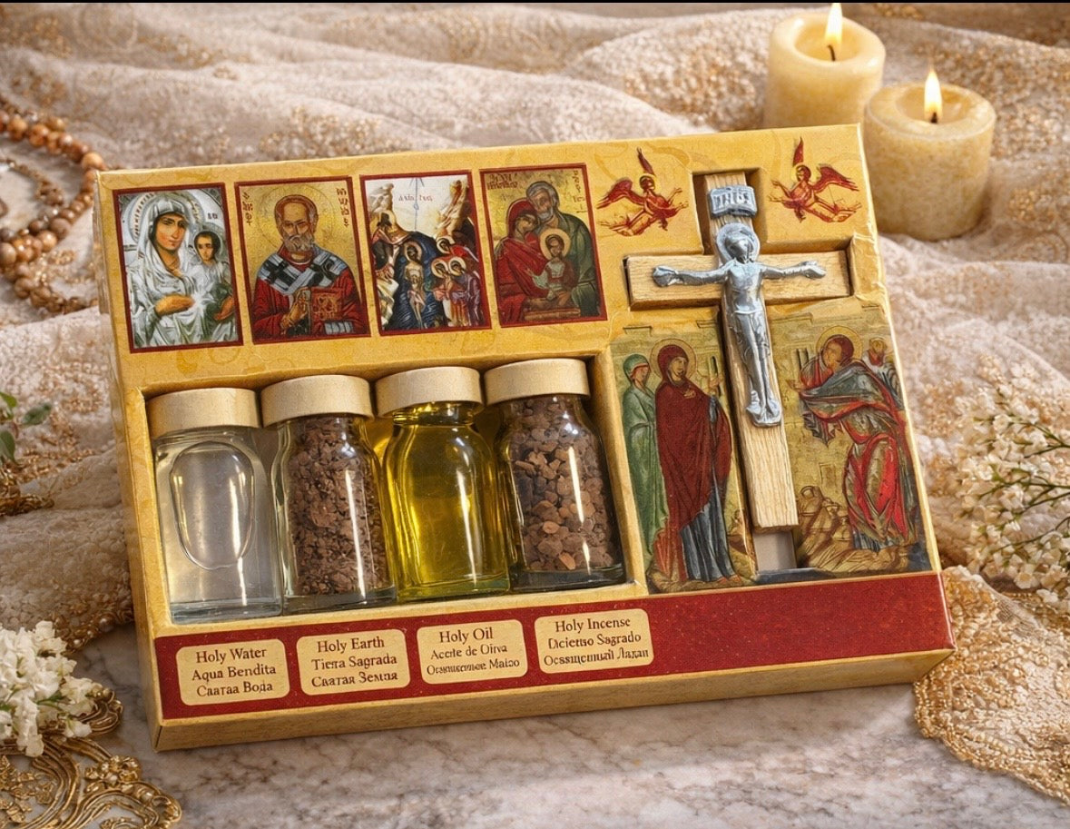 Holy Land Baptism Blessing Set – Jordan River Holy Water, Oil, Earth & Incense with Cross