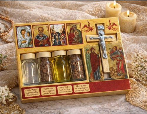 Holy Land Baptism Blessing Set – Jordan River Holy Water, Oil, Earth & Incense with Cross