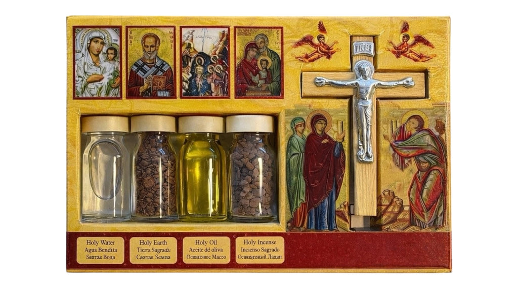 Holy Land Baptism Blessing Set – Jordan River Holy Water, Oil, Earth & Incense with Cross